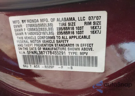 2007 Honda Odyssey Ex-L from USA, damaged, VIN 5FNRL38717B455291